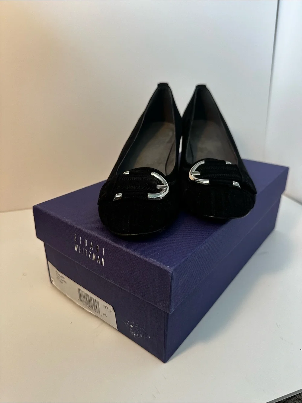 Stuart Weitzman Black Suede Women's Wedge with Silver Buckle - size 7.5 N